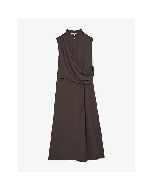 Reiss Brown Gracie Asymmetric-Drape Woven Midi Dress