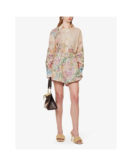 Zimmermann Natural Halliday Floral-print Linen Shorts