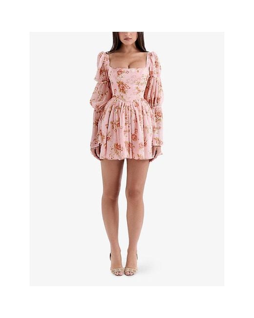 House Of Cb Pink Sancia Floral-Print Chiffon Mini Dress