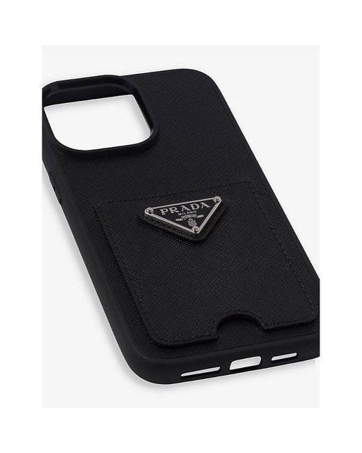 Prada Black Brand-plaque Card-holder Leather Iphone14 Max Phone Case