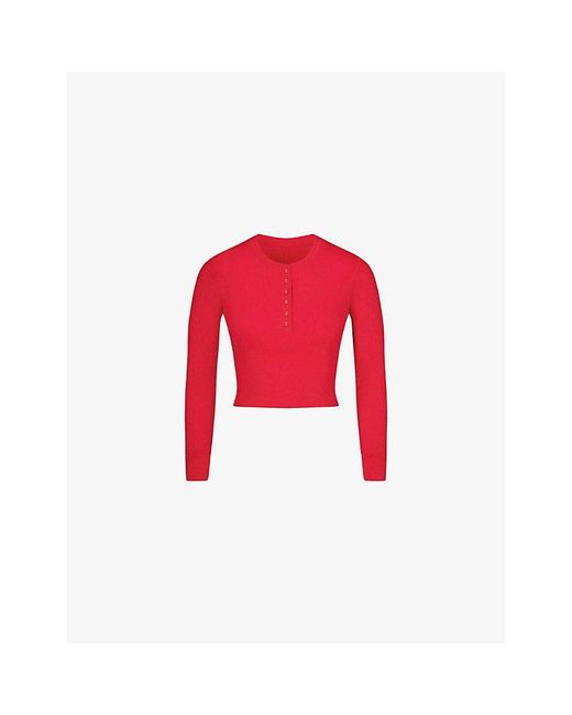 Skims Red Henley Cropped Stretch-Cotton Top