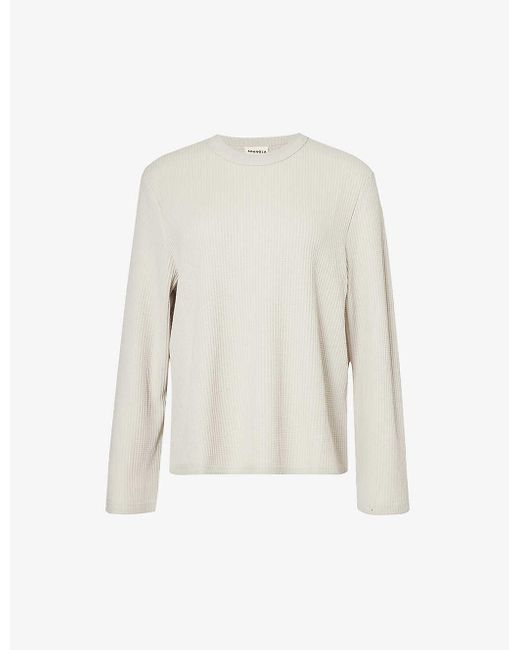 ADANOLA White Long-sleeved Waffle-texture Stretch-woven T-shirt