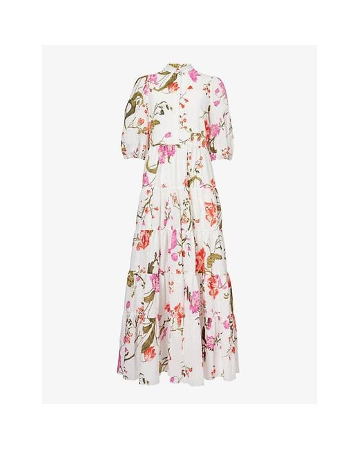 Erdem Pink Floral-pattern Puffed-shoulders Cotton Maxi Dress