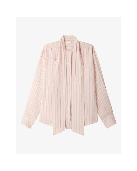 Sandro Pink Striped Tie-Neck Woven Shirt