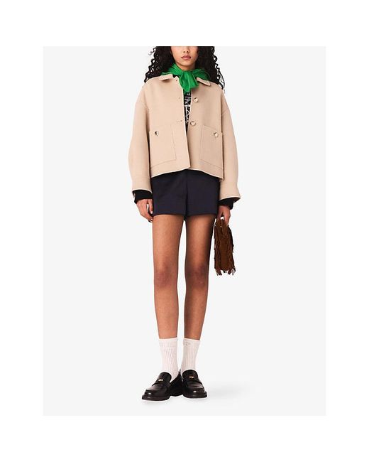 Maje Natural Pleated-Back Short Wool Jacket
