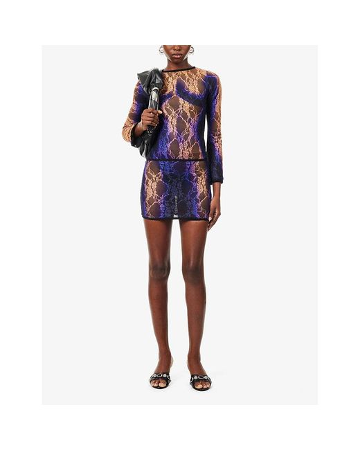 Sinead Gorey Blue Gradient-pattern Slim-fit Lace Mini Skirt