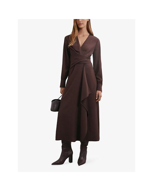 Reiss Brown Mira Wrap-Front Wool-Blend Midi Dress