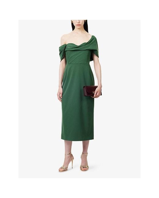 Carolina Herrera Green Draped Off-Shoulder Wool-Blend Midi Dress