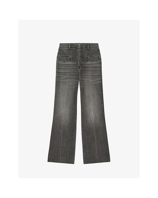 Sandro Gray Logo-zip Flared-leg High-rise Denim Jeans