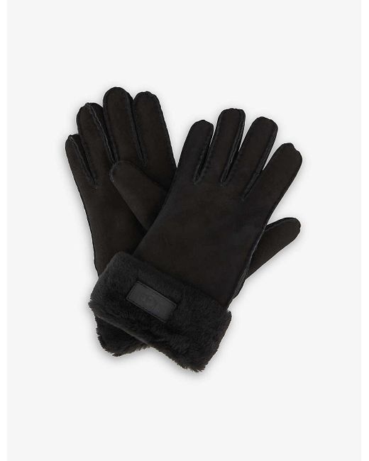 UGG Logo-embroidered Turn-up Leather And Shearling Gloves in Black - Lyst