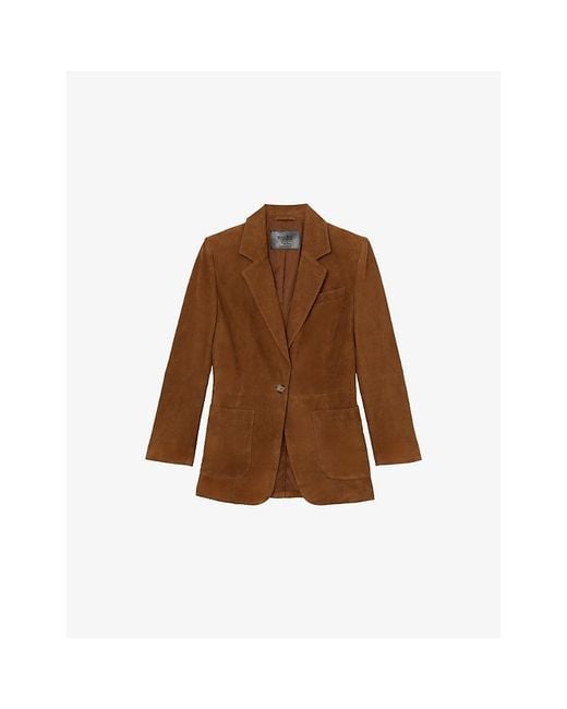 Reiss Brown Cass Single-Breasted Relaxed-Fit Suede Blazer
