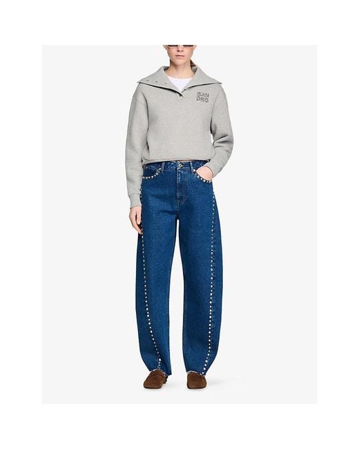 Sandro Blue Rhinestone-Trim Barrel-Leg Denim Jeans