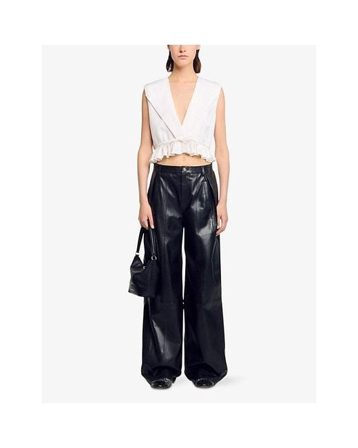 Sandro White V-Neck Ruffle-Hem Cropped Linen-Blend Top