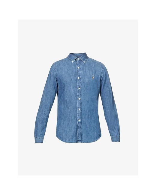 Polo Ralph Lauren Blue Long-Sleeved Button-Down Slim-Fit Cotton Chambray Shirt for men