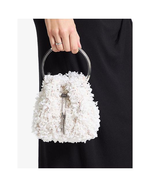 Jimmy Choo White Bon Bon Petal-Embroidered Satin Top-Handle Bag