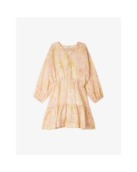 Sandro Natural Floral-Print Lace-Up Woven Mini Dress