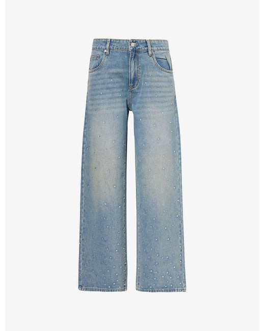 House Of Sunny Blue Crystal-embellished Wide-leg Mid-rise Denim-blend Jeans