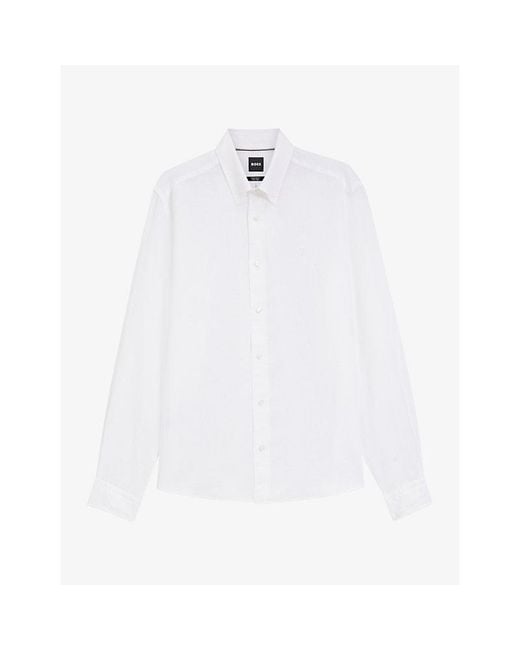Boss White Brand-Embroidered Long-Sleeved Linen Shirt for men