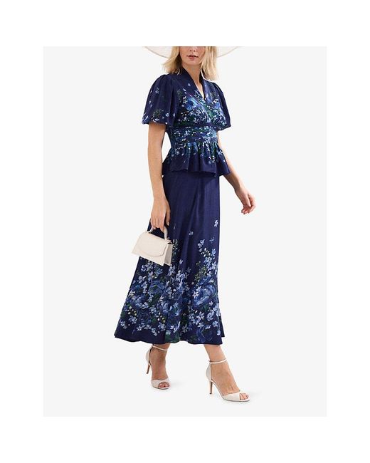 Phase Eight Blue Maeve Floral-Print Woven Midi Skirt