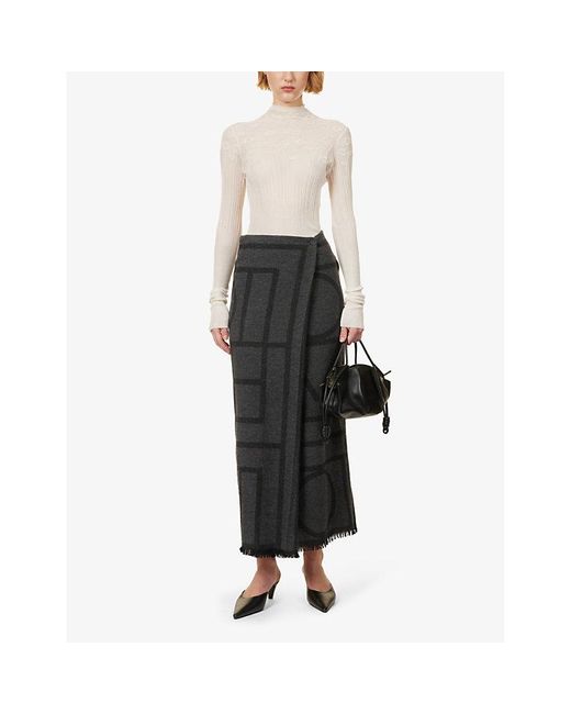 Totême  Blue Check-pattern Fringe-hem Wool Midi Skirt