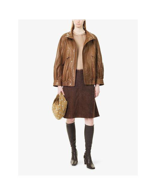 Nour Hammour Brown Ariste Funnel-Neck Leather Jacket