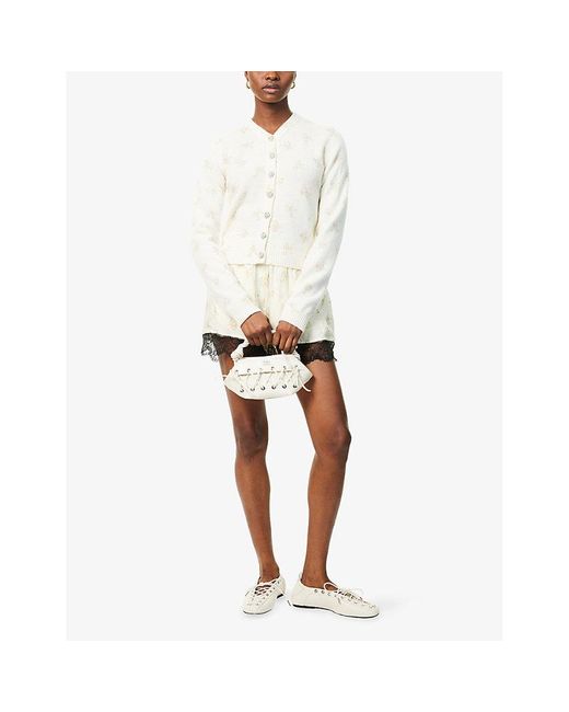 Ganni White Floral-Print Embellished-Button Wool-Blend Knitted Cardigan