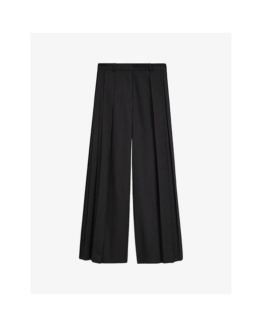 Joseph Black Plissé Mericourt Pleated Wide-Leg Mid-Rise Wool-Blend Trousers