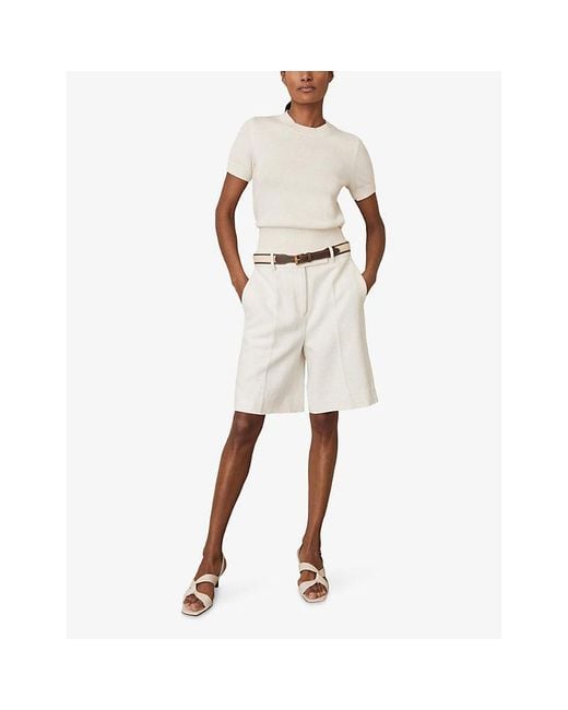 Reiss White Anita Short-Sleeve Cotton And Wool-Blend Top