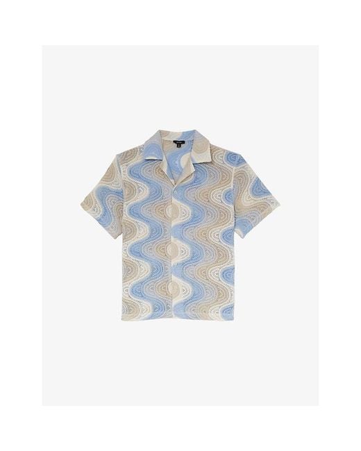 Reiss Blue Wilson Wave-Motif Short-Sleeve Crochet Shirt for men