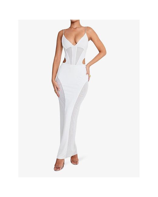 Mistress Rocks White Mesh-Panel High-Rise Stretch-Jersey Maxi Skirt