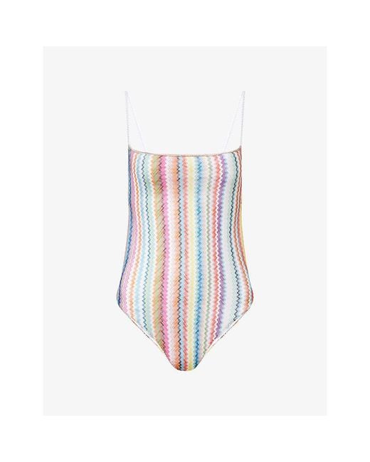 Missoni White Straight-Neck Zig-Zag Pattern Swimsuit
