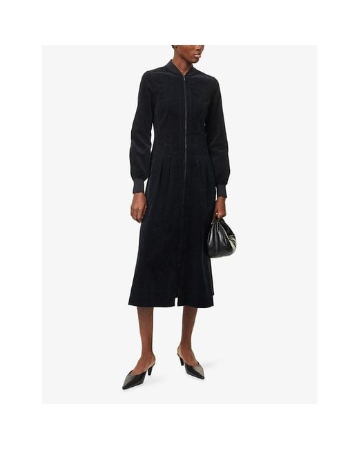 ME+EM Black Pleated-Waist Cotton Corduroy Midi Dress