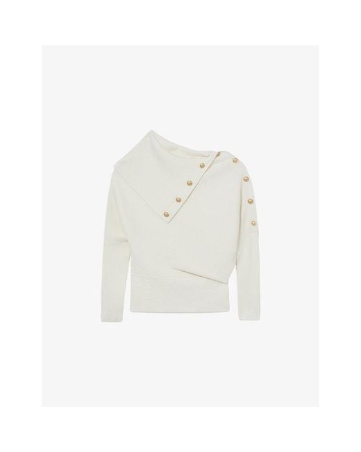 Reiss White Lexi Shawl-Collar Button-Embellished Stretch-Knit Jumper
