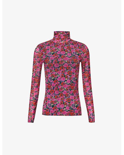 Ganni Red High-neck Floral-print Recycled-polyamide Mesh Top