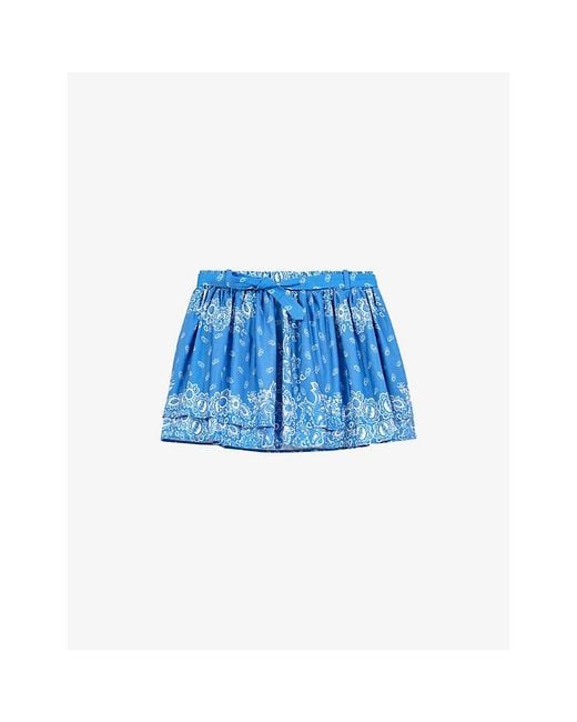Maje Blue Bandana-Print Ruffled Cotton Mini Skirt