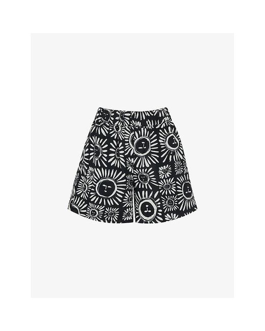 Whistles Black Sunman Graphic-print Elasticated-band Linen Cotton-blend Shorts