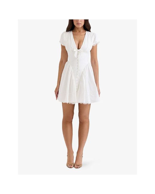 House Of Cb White Emiliana Plunge-Neck Stretch-Cotton Mini Dress