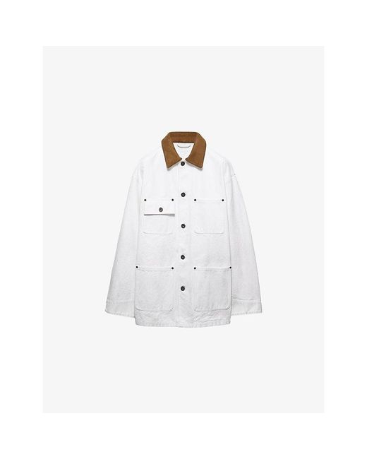 Prada White Leather-Collar Boxy-Fit Cotton-Canvas Jacket for men