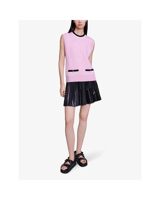 Maje Pink Contrast-trim Sleeveless Knitted Jumper