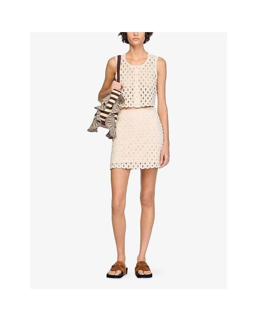 Sandro Natural Beaded High-Rise Crochet Mini Skirt