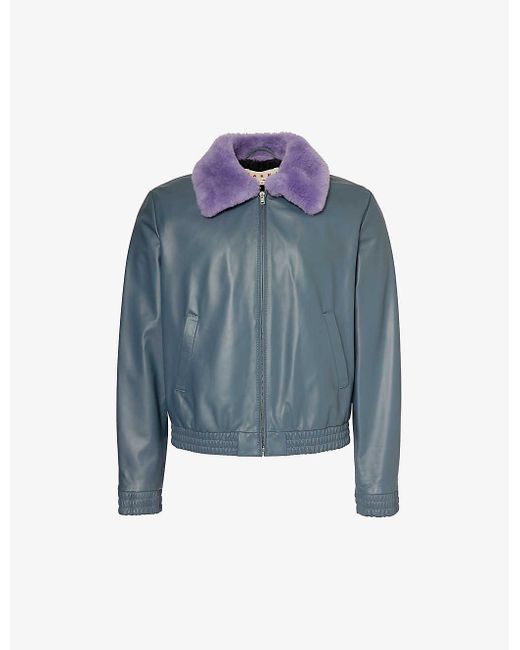 Marni Blue Contrast-collar Boxy-fit Leather Jacket for men