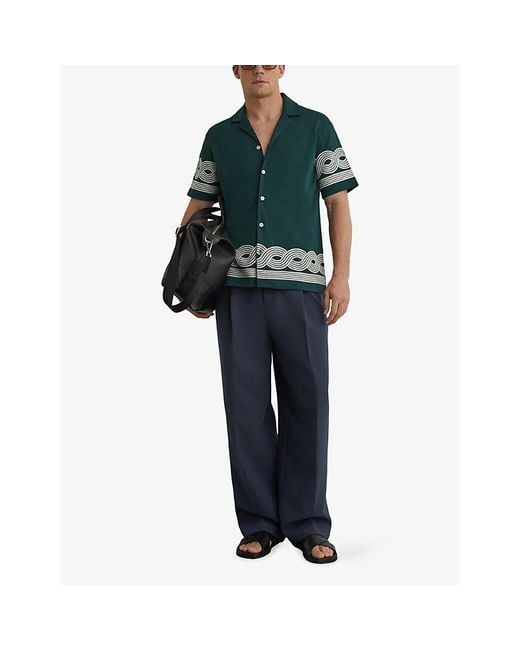 Reiss Green Arden Embroidered-Trim Cotton-Blend Shirt for men