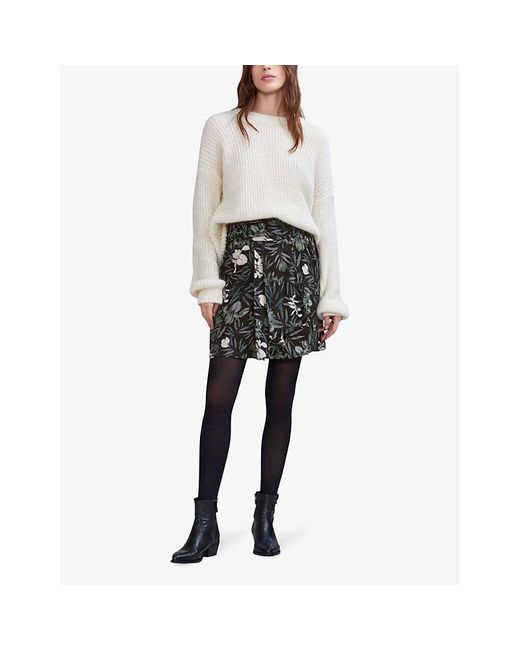IKKS Black Floral-print Pleated Mid-rise Woven Mini Skirt