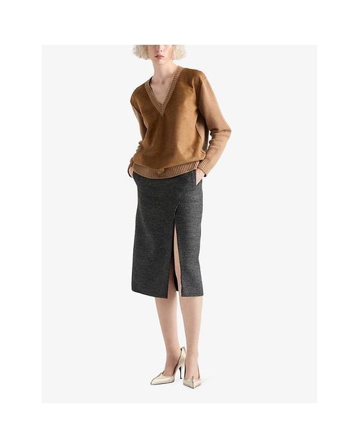 Prada Brown V-Neck Suede And Cashmere Jumper