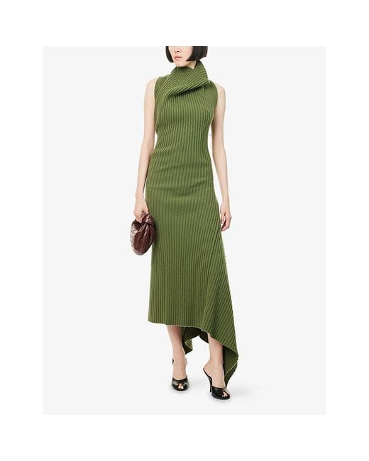 Victoria Beckham Green Ribbed Sleeveless Wool-Blend Midi Dress