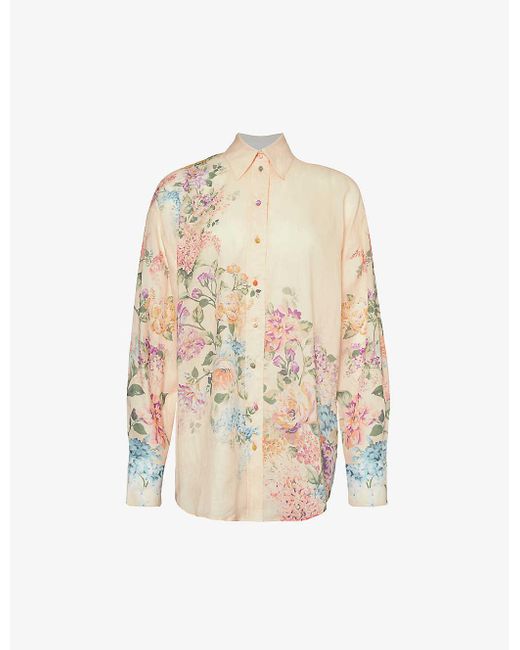 Zimmermann White Halliday Floral-print Ramie Shirt