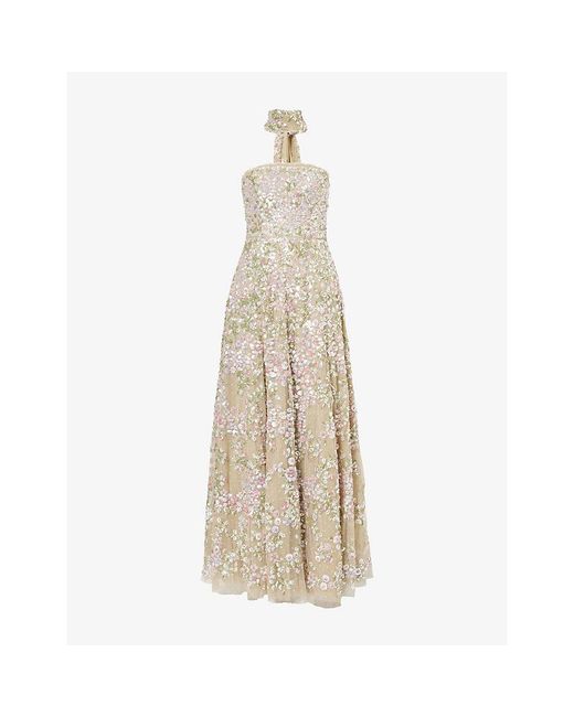 Needle & Thread Natural Dream Garland Floral-Sequinned Mesh Gown