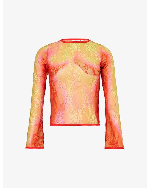 Sinead Gorey Orange Gradient-pattern Long-sleeved Lace Top