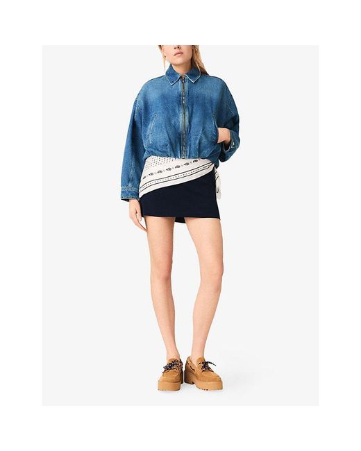 Maje Blue Collared Elasticated-Hem Denim Bomber Jacket