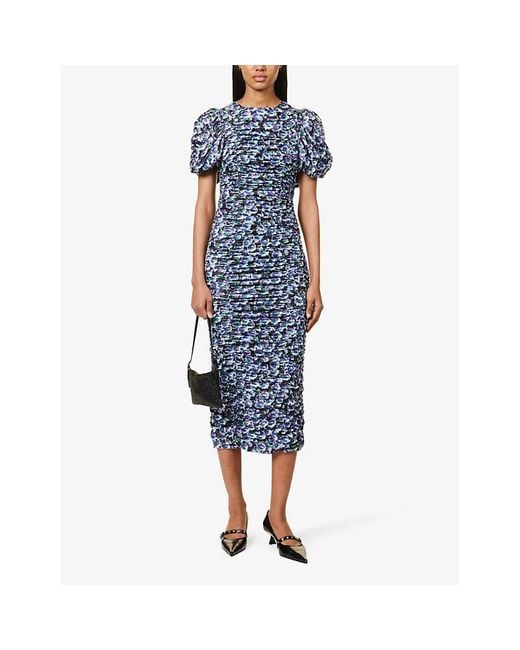 ROTATE BIRGER CHRISTENSEN Blue Floral-print Puffed-sleeve Recycled Polyester-blend Midi Dress